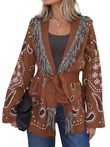 Cicy Bell Womens Fringe Cardigan Printed Long Sleeve V Neck Belt Sweaters | Amazon (US)