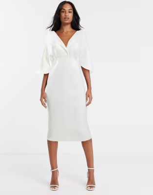 ASOS DESIGN structured cape sleeve shirt midi pencil dress in white | ASOS (Global)
