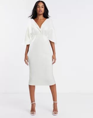 ASOS DESIGN structured cape sleeve shirt midi pencil dress in white | ASOS (Global)