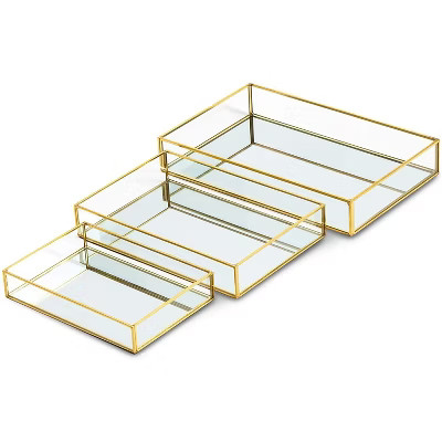 Set of 3 Gold Mirror Jewelry Tray Storage Organizer, Metal Glass Decorative Display Serving Tray ... | Target