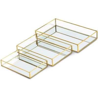 Set of 3 Gold Mirror Jewelry Tray Storage Organizer, Metal Glass Decorative Display Serving Tray ... | Target