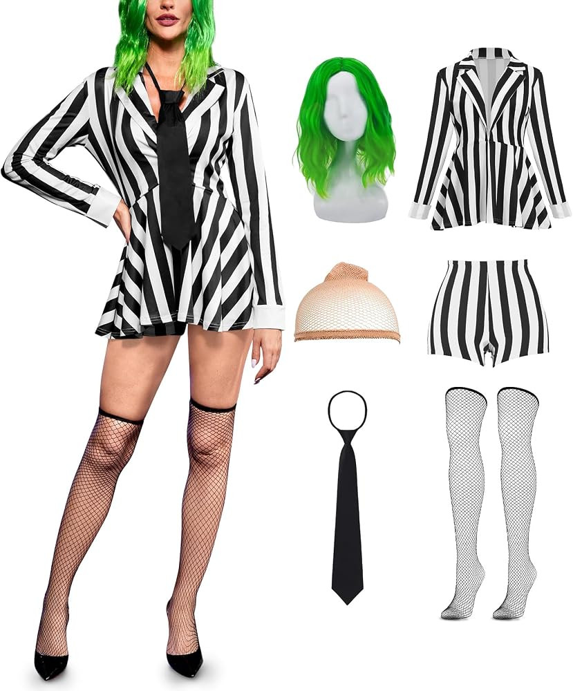 ALIREVERIE Women's Halloween Sexy 6-Piece Costumes Black White Vertical Striped Suit | Amazon (US)