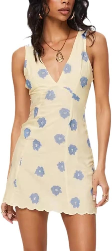 Women Vintage Floral Mini Dress Flower Printed V Neck A-line Sleeveless Bodycon Sundress Going Ou... | Amazon (US)
