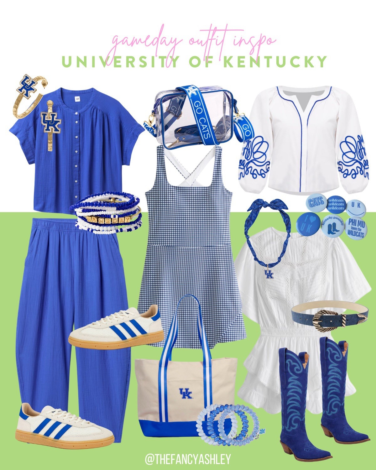 I’m obsessed with these blue and white University of Kentucky gameday fits—perfectly fab for cheering on the Wildcats, whether you’re in the stadium, at a party, or just living your best couch life. Loving all the cute accessories! Game-ready for a Wildcats win! #universityofkentucky #blueandwhite #collegegamedaystyle #gobigblue #bigbluenation #gowildcats

#LTKStyleTip #LTKParties #LTKU