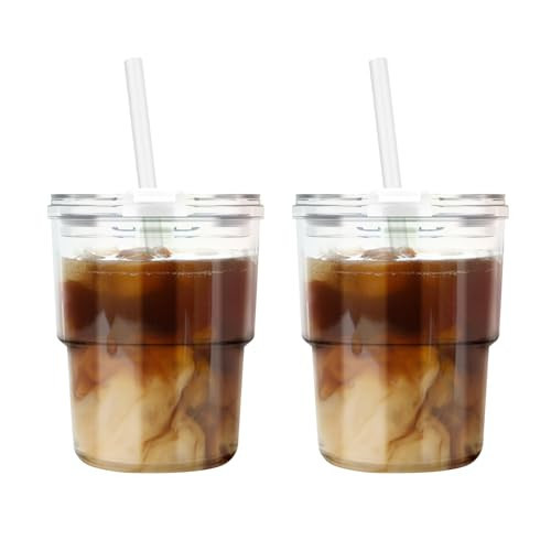 Luxfuel 13 oz Tumbler Water Glass Cups with Straw & Lid, Reusable Iced Coffee, Tea Cups, Leak-Proof Thick Wall Travel Glass Tumbler for Home, Office, Car Cup Holder Friendly, BPA Free (Shimmer,2 Pack) | Amazon (US)