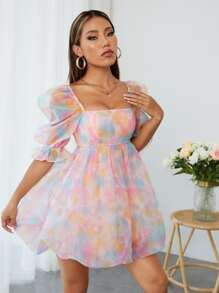 SHEIN PETITE Tie Dye Square Neck Puff Sleeve Organza Dress SKU: sw2204229967651181(500+ Reviews)$... | SHEIN