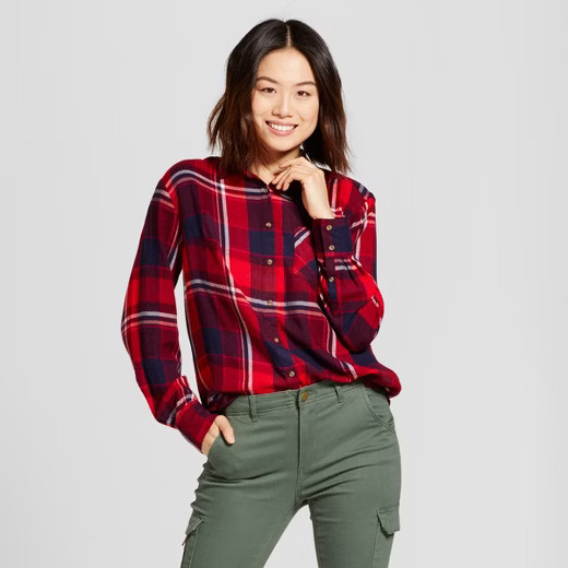 Women's Long Sleeve Plaid Any Day Button Down Shirt - A New Day™ Red/Navy S | Target