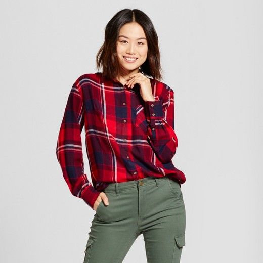 Women's Long Sleeve Plaid Any Day Button Down Shirt - A New Day™ Red/Navy S | Target
