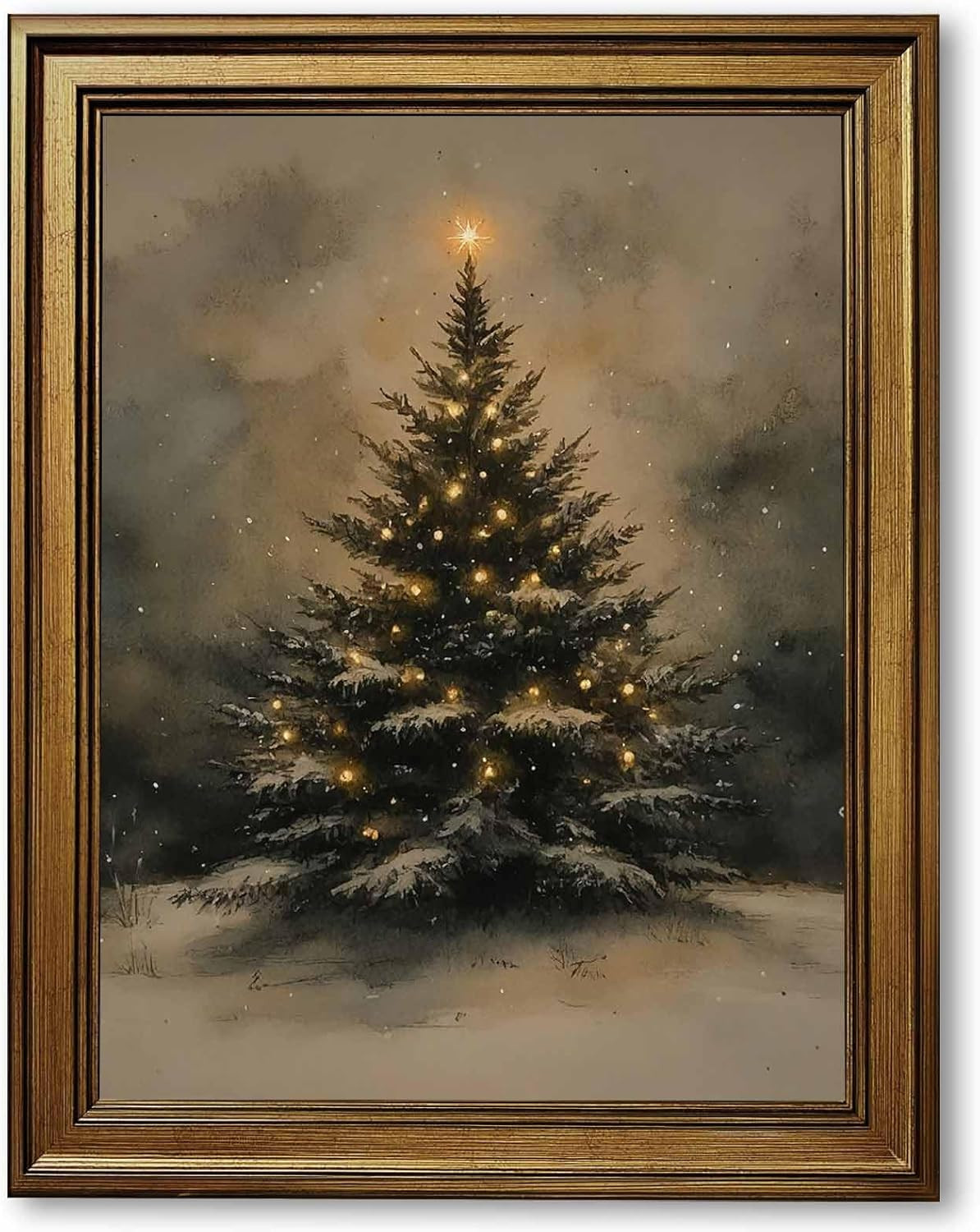 Vintage Gold Framed Christmas Tree Wall Art Elegant Snowy Tree Canvas Poster Print Retro Classic ... | Amazon (US)