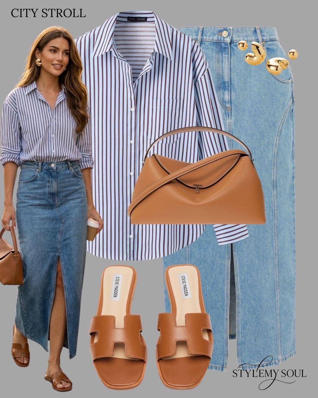 Denim skirt, striped shirt, camel sandals, camel bag, gold earrings

#LTKWorkwear #LTKOver40 #LTKMidsize
