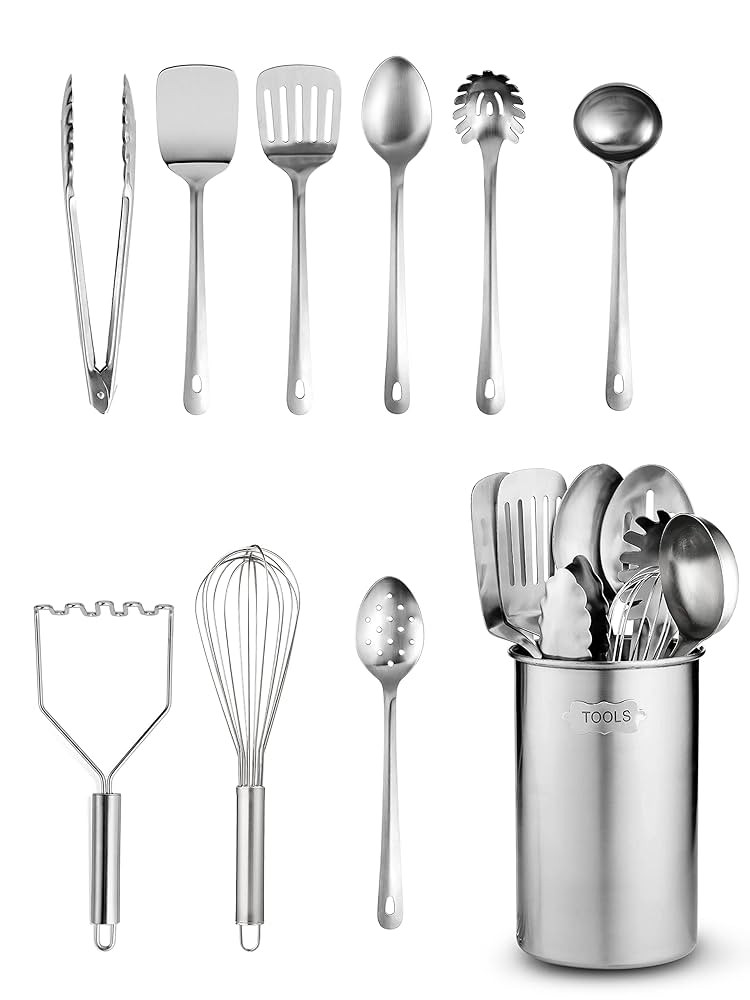 FineDine Stainless-Steel Kitchen Utensil Set - 10-piece premium Nonstick & Heat Resistant Gadgets... | Amazon (US)