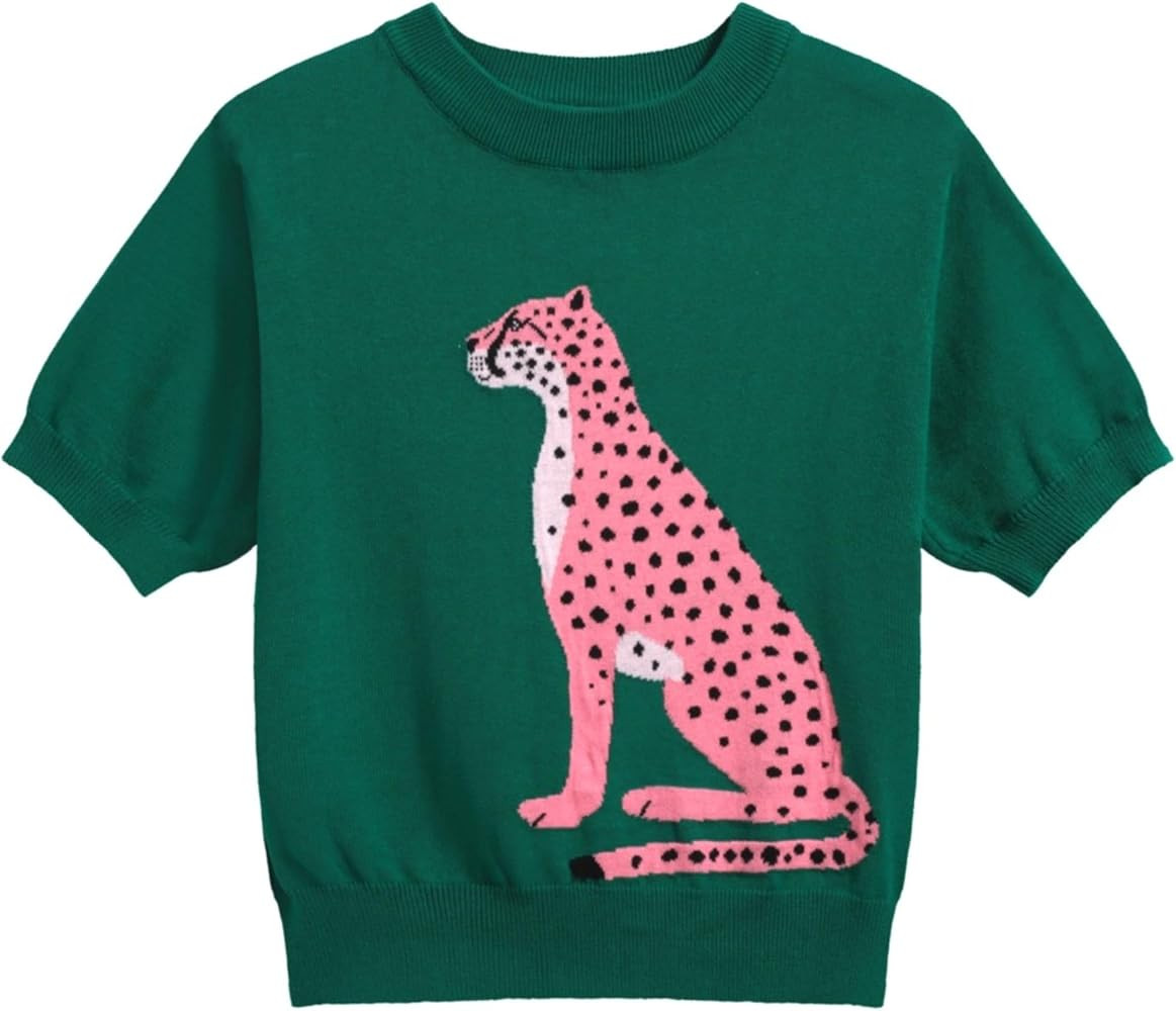 OXKNIT Women's Green Knitted T-Shirt, Retro Animal Pattern Crewneck Cotton Short Sleeve- Cropped ... | Amazon (US)