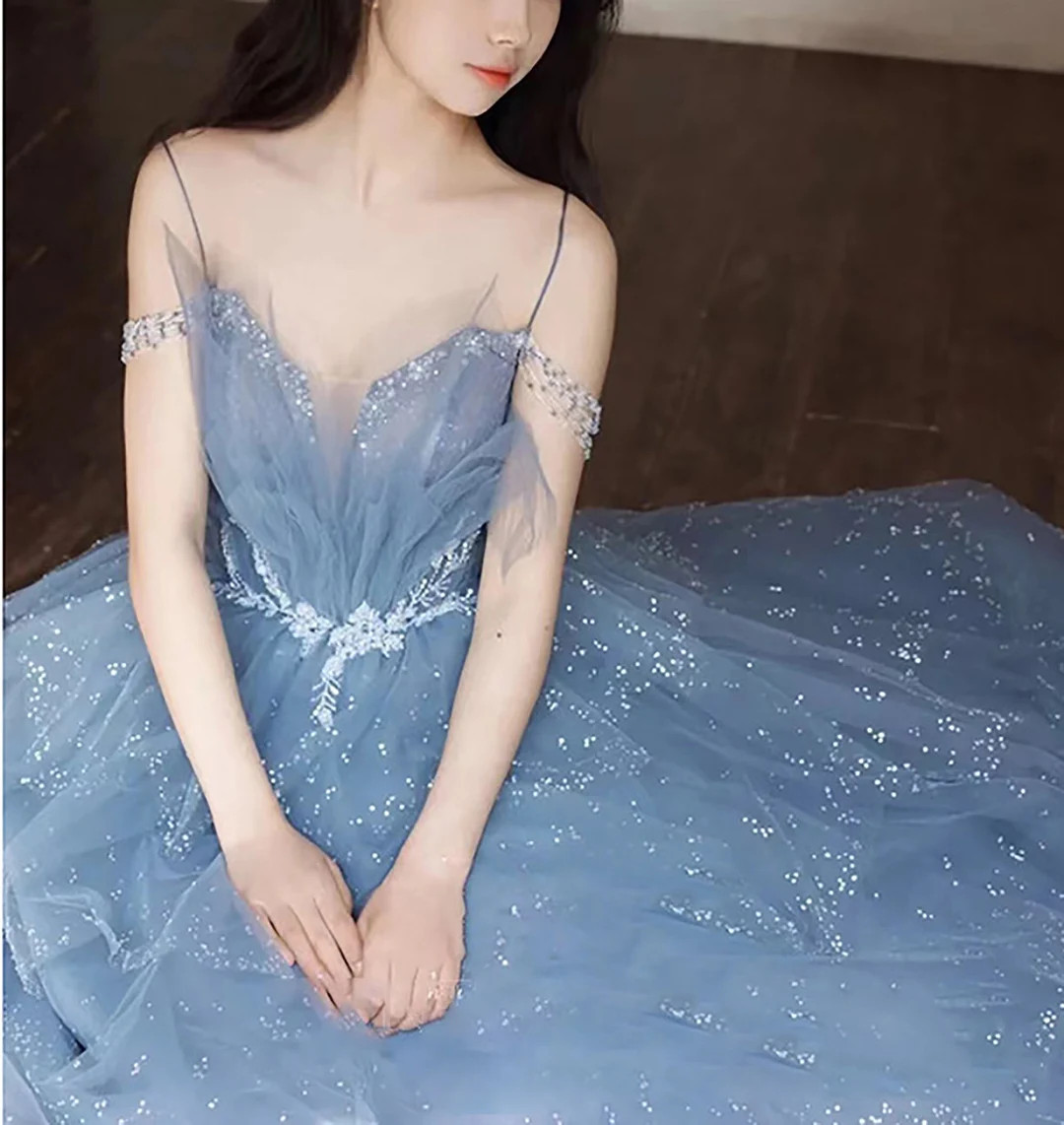 Blue Glitter Embroidered Tulle Slip Dress,Gown Dress,Graduation Ball Dress,Evening Prom Dress,Wed... | Etsy (US)