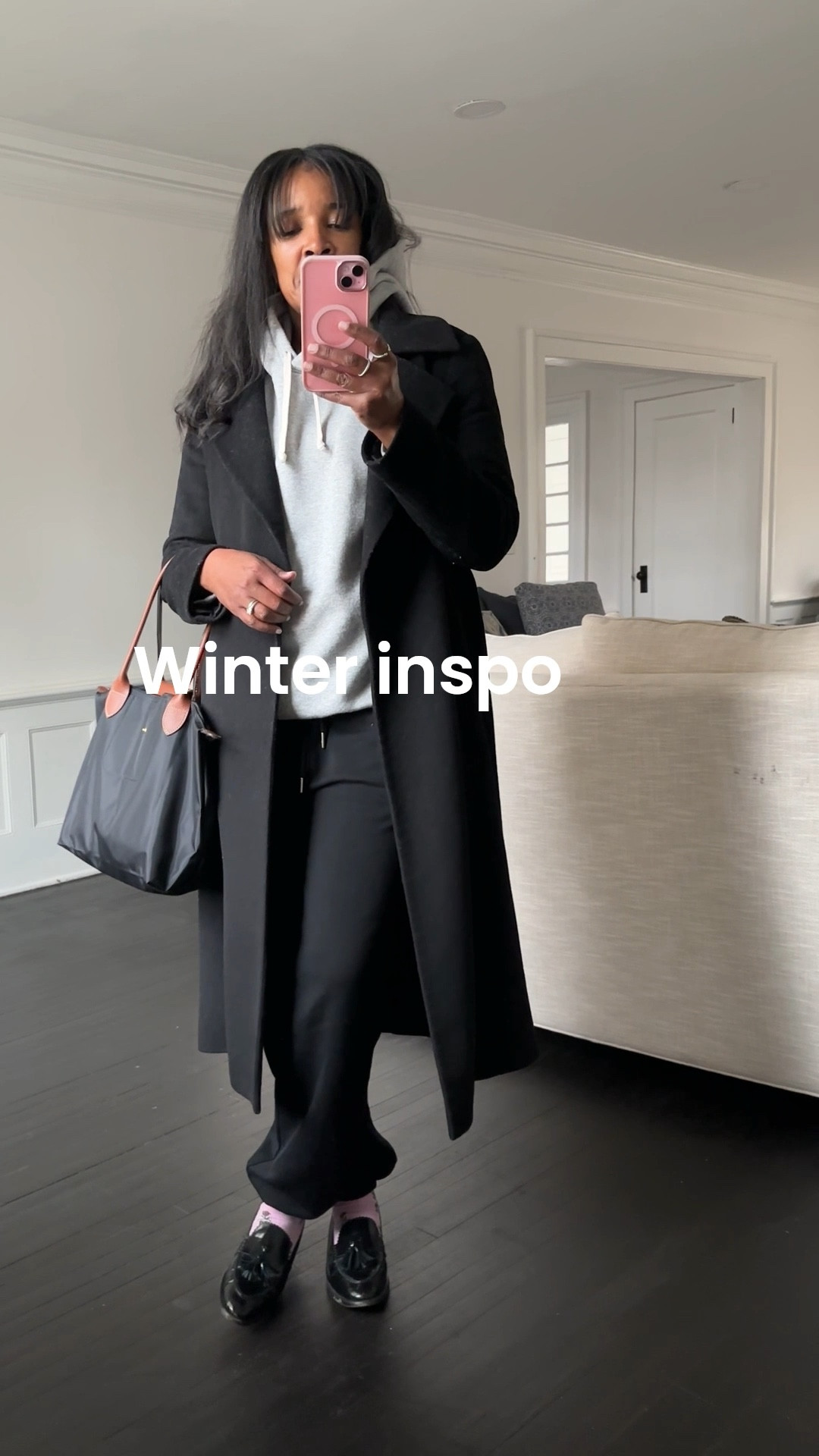 Winter outfit inspo black wool coat black sweatpants hoodie tote bag casual weekend outfit #style #fashion #preppy #classic #casual #outfit 

#LTKootd #LTKOver40