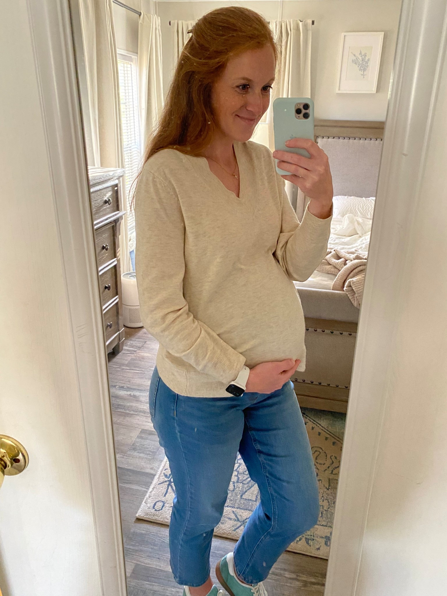 #maternityootd. Jeans on sale for $11 and top only $20 😳 Wearing a size small in both at 36 weeks pregnant.

#LTKBaby #LTKmomlife #LTKBump