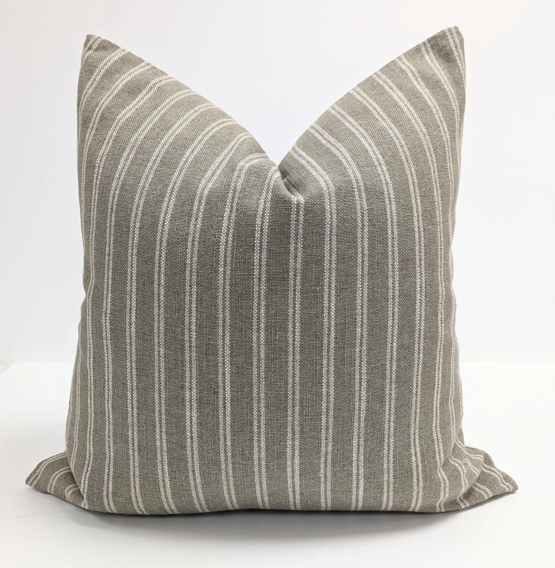 Modern Farmhouse Green Pillow, Sage Green Casual Throw Pillow, Green Striped Pillow Cover, Home D... | Etsy (US)