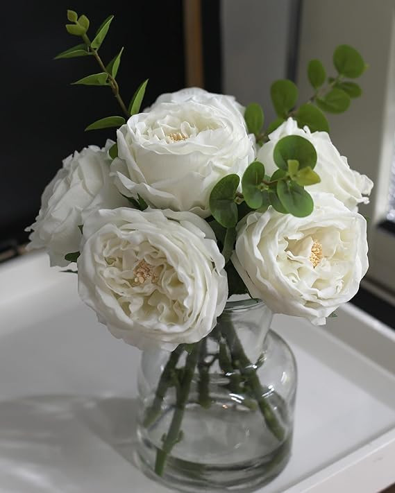 Artificial Flowers with White Roses in Vase, Fix Lifelike Fake Flowers in Vase with Artificial Wa... | Amazon (US)