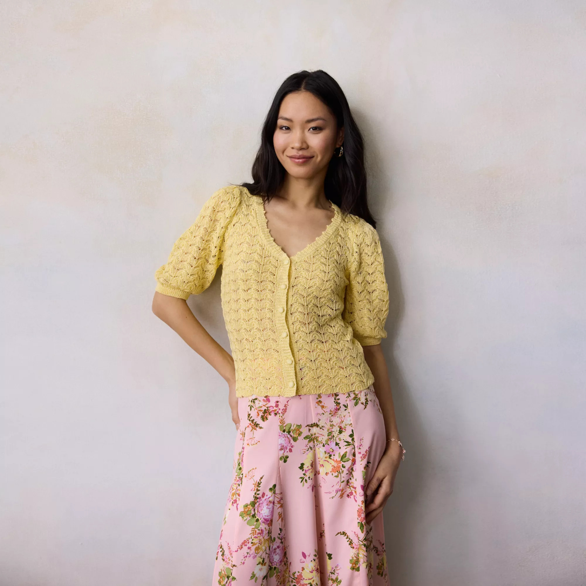 Women's LC Lauren Conrad Pointelle V-Neck Short Sleeve Sweater | Kohl's