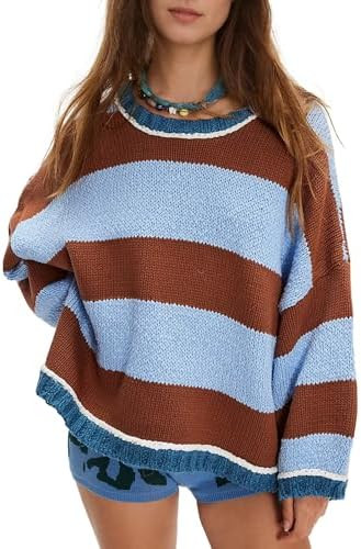 Songling Women Tops Casual Color Block Striped Long Sleeve Cute Outfits Knit Summer Fashion Cloth... | Amazon (US)