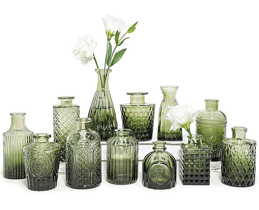12pcs Glass Bud Vase Set, Small Green Flower Vases for Centerpieces in Bulk, Mini Vintage Vase fo... | Amazon (US)