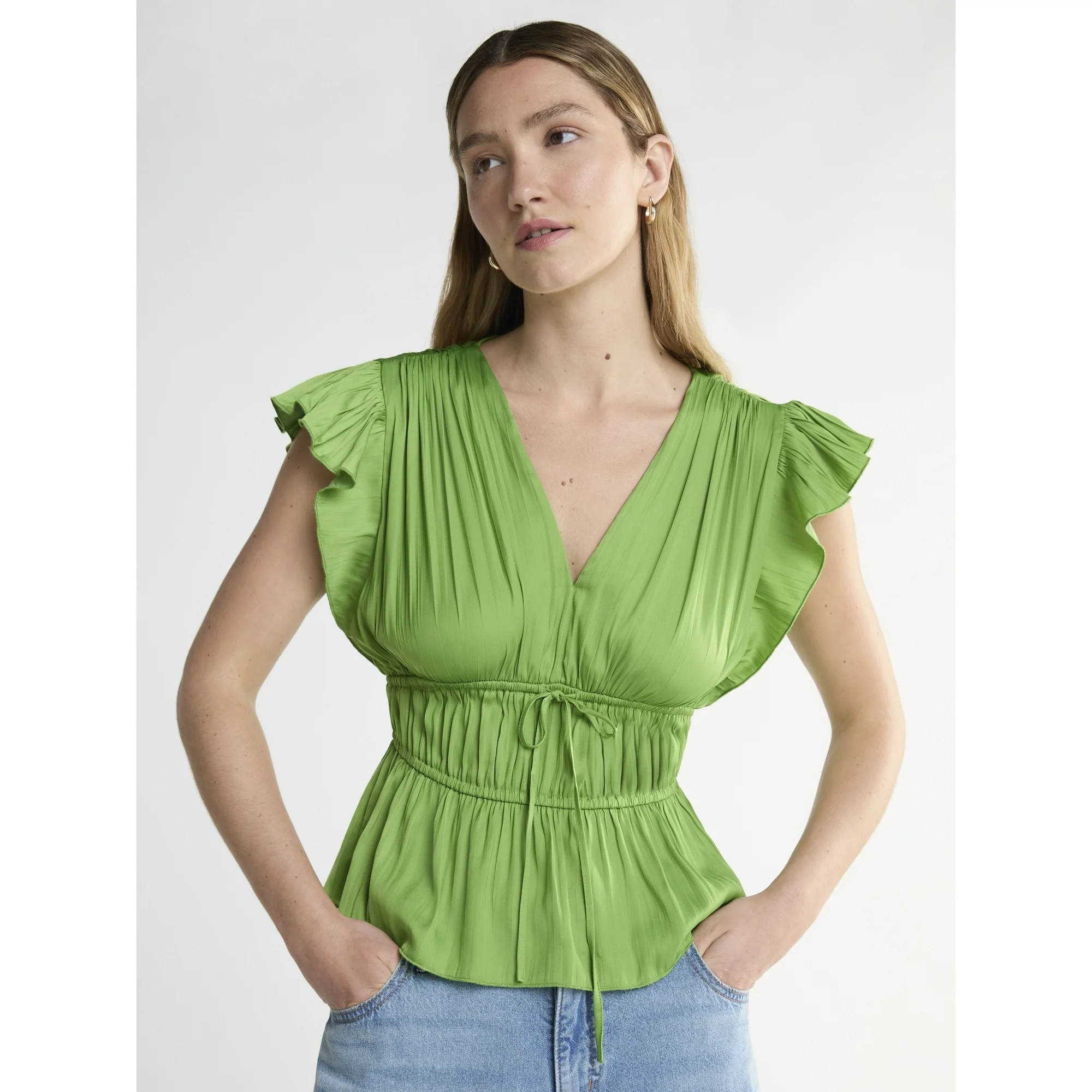 Scoop Women's V Neck Satin Top with Flutter Sleeves, Sizes XS-4X | Walmart (US)