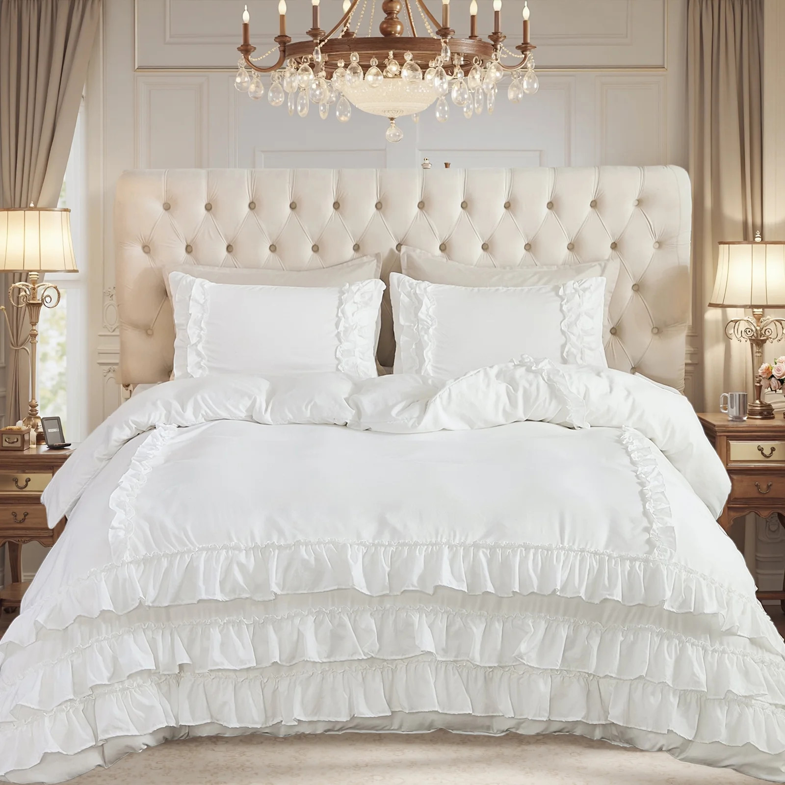 White Comforter Set,Waterfall Ruffle Shabby Chic Farmhouse Bedding Sets,Soft Fluffy Boho Comforte... | Walmart (US)