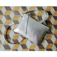 Silver Leather Crossbody Bag With 48"" Strap in Medium 8"" X 6"" Or Large 9"" X 7"", Metallic Cow Leather, Minimalist Style, Zipper, For Her | Etsy (US)