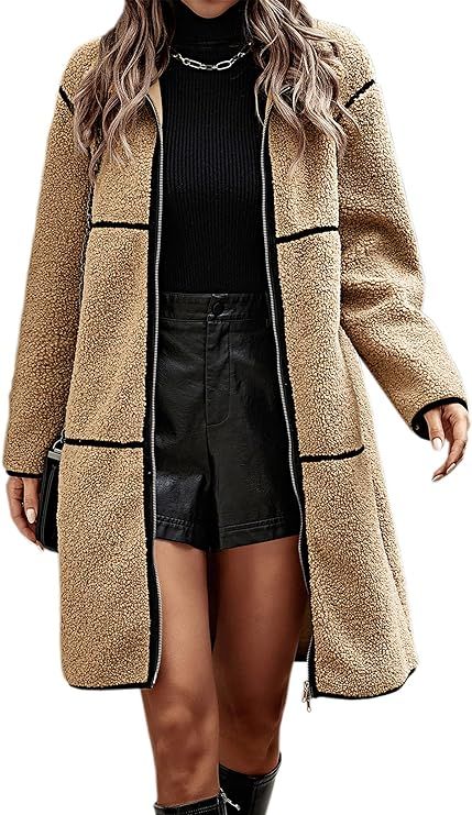 ECOWISH Womens Sherpa Jacket Casual Fleece Fuzzy Coat Long Winter Outwear Patchwork Zipper Cardig... | Amazon (US)