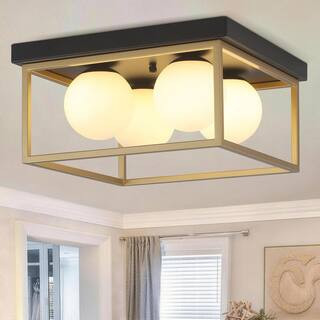 Jger 12in. Modern Matte Black and Gold Cage Semi-Flush Mount Ceiling Light w/Frosted Glass Shade ... | The Home Depot