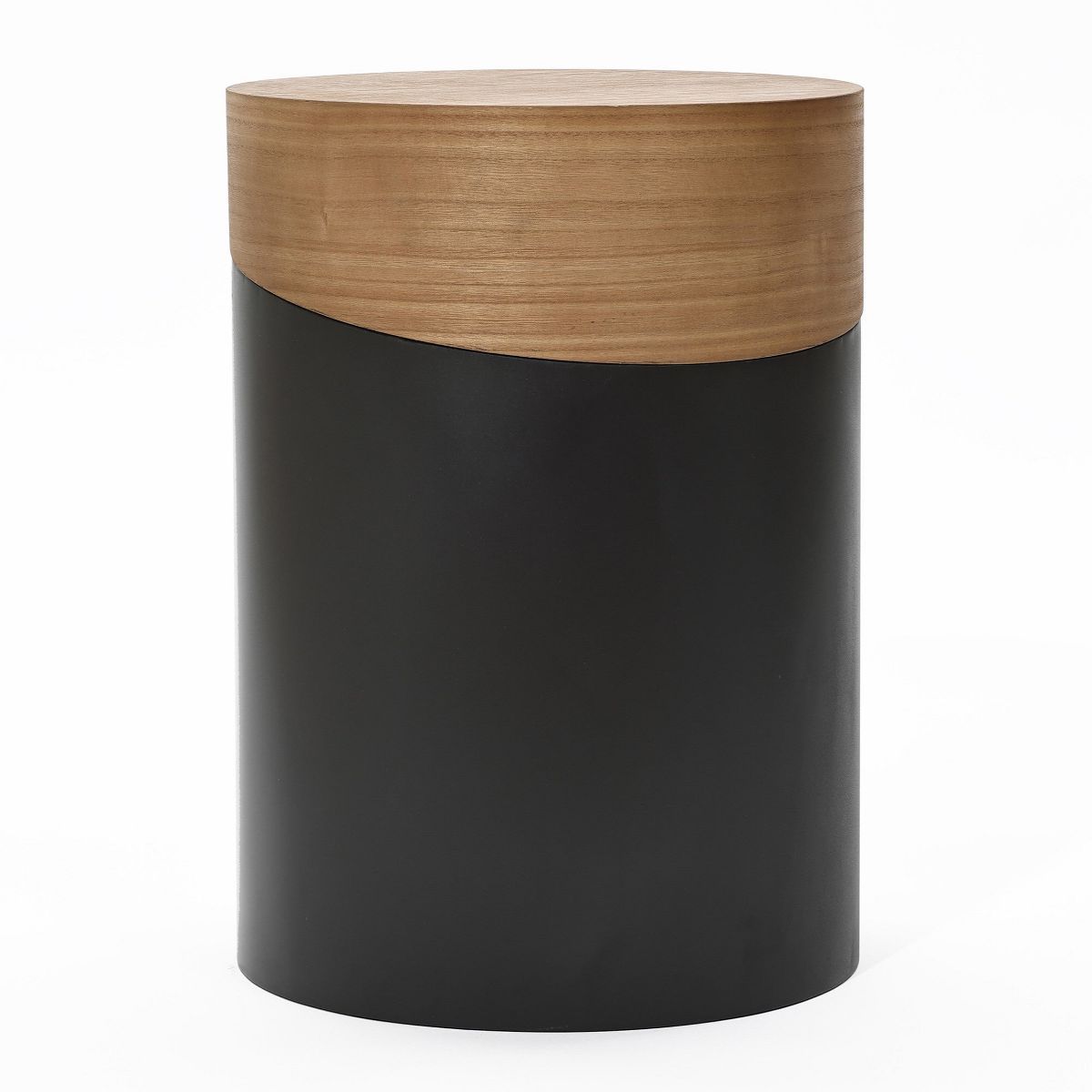 LuxenHome Natural Wood and Metal Round Accent Side Table Black | Target