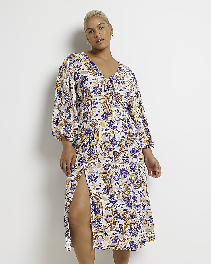Plus purple floral smock midi dress | River Island (UK & IE)