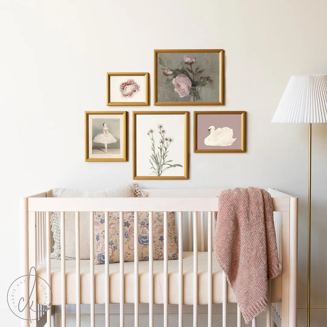 Vintage Floral Girls Nursery Wall Art | Ballet Swan Peony Gallery Prints | Botanical Baby Girl Be... | Etsy (US)