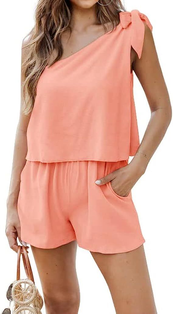 PRETTYGARDEN Women's Summer Jumpsuits 2023 Casual One Shoulder Tie Strap Solid Color Loose Sexy S... | Amazon (US)