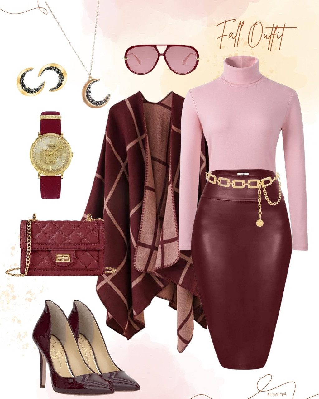 Wine red and gold office chic fall outfit.