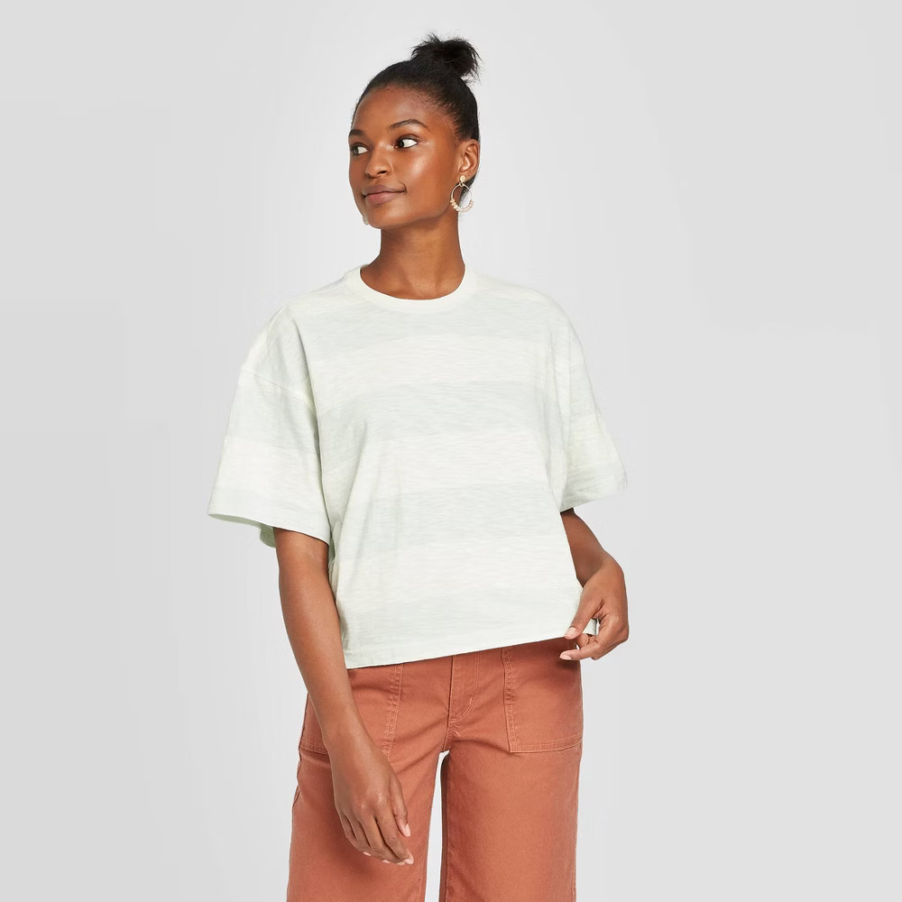 Women's Striped Short Sleeve Boxy T-Shirt - Universal Thread Mint S, Green | Target