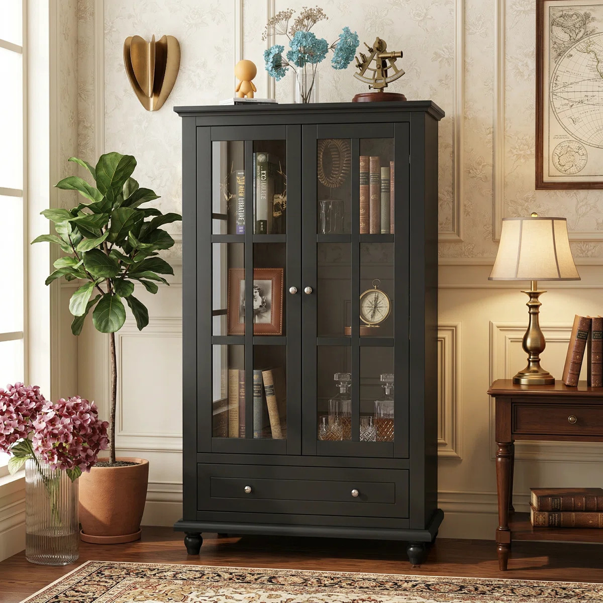 Elzadie 55.1'' H X 31.5'' W X 15.7'' D Glass Door Storage Bookcase | Wayfair North America