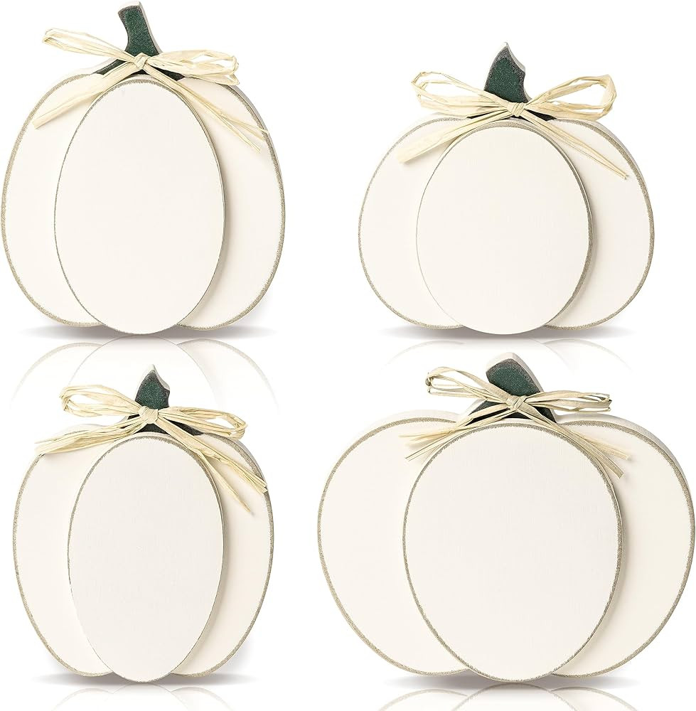 B1ykin 4Pcs Fall White Pumpkin Fall Table Decor Set, Autumn Farmhouse Wooden Sign Rustic Tiered T... | Amazon (US)