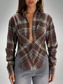 Denimoi Women's Twisted Front Low Neck Plaid Top | SHEIN