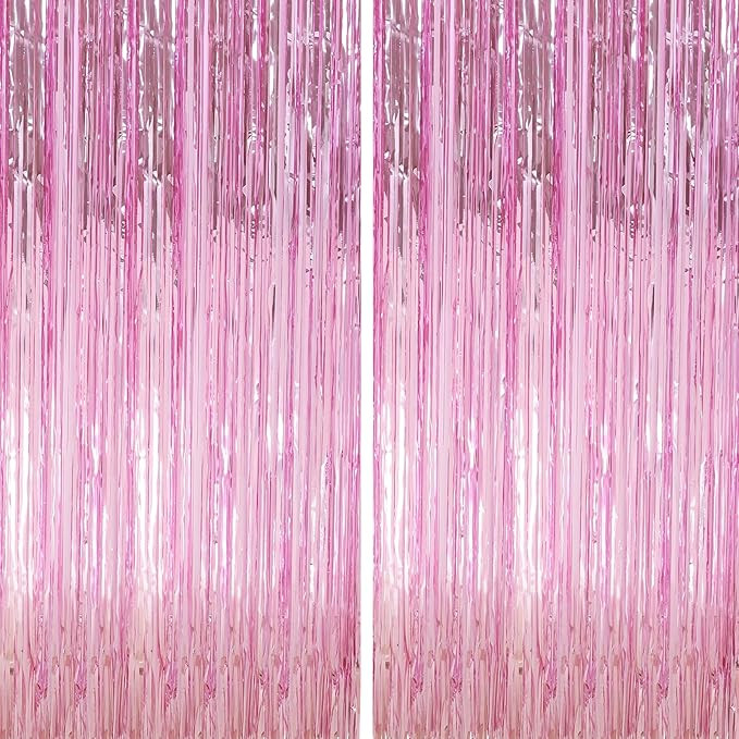 Crosize 2 Pack 3.3 x 9.9 ft Pink Foil Fringe Backdrop Curtain, Streamer Backdrop Curtains, Stream... | Amazon (US)