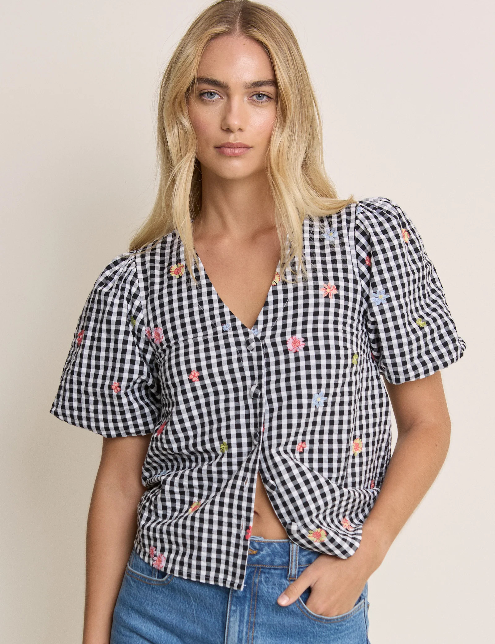 Black Gingham and Floral Puff Sleeve Top | Nobody's Child