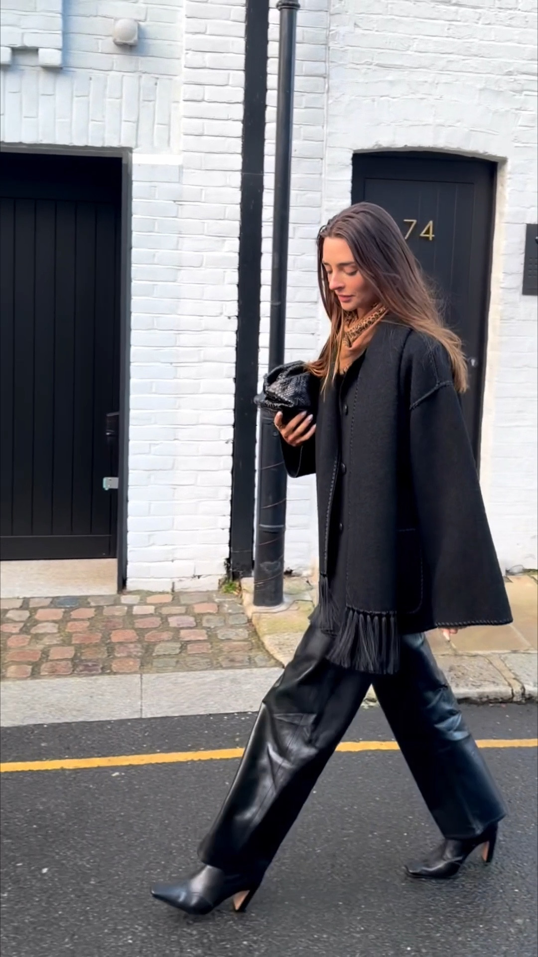 Khaite Nevada boots, black leather trousers, citizens of humanity Ayla baggy leather, toteme wool fringe coat, Khaite benny belt 

#LTKootd