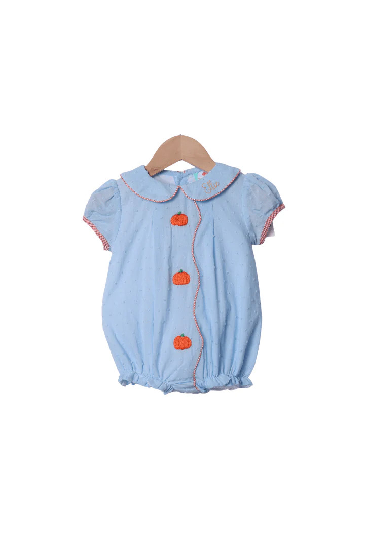 Hand Embroidered Blue Swiss Dot Pumpkin Bubble | The Smocked Flamingo