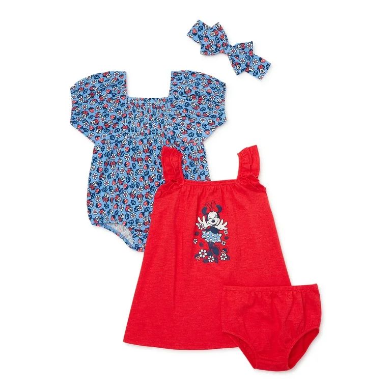 Minnie Mouse Baby Girl Sundress, Romper and Diaper Cover Outfit Set with Headband, Sizes 0/3M-24M | Walmart (US)