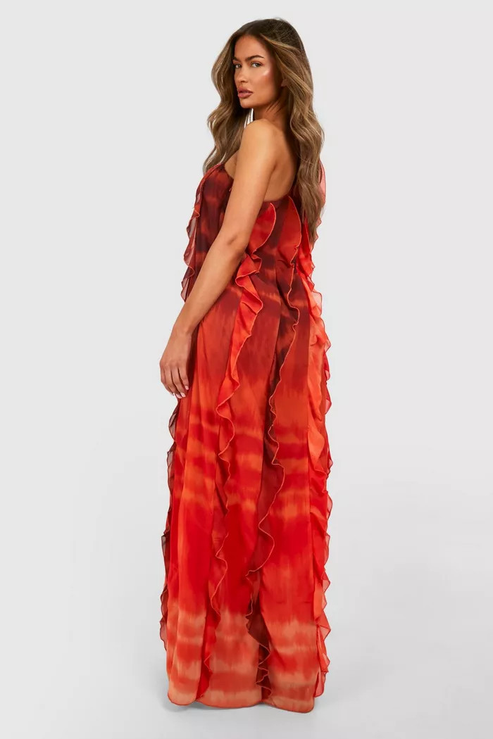 Ombre Print Ruffle Asymmetric Maxi Dress | boohoo (US & Canada)