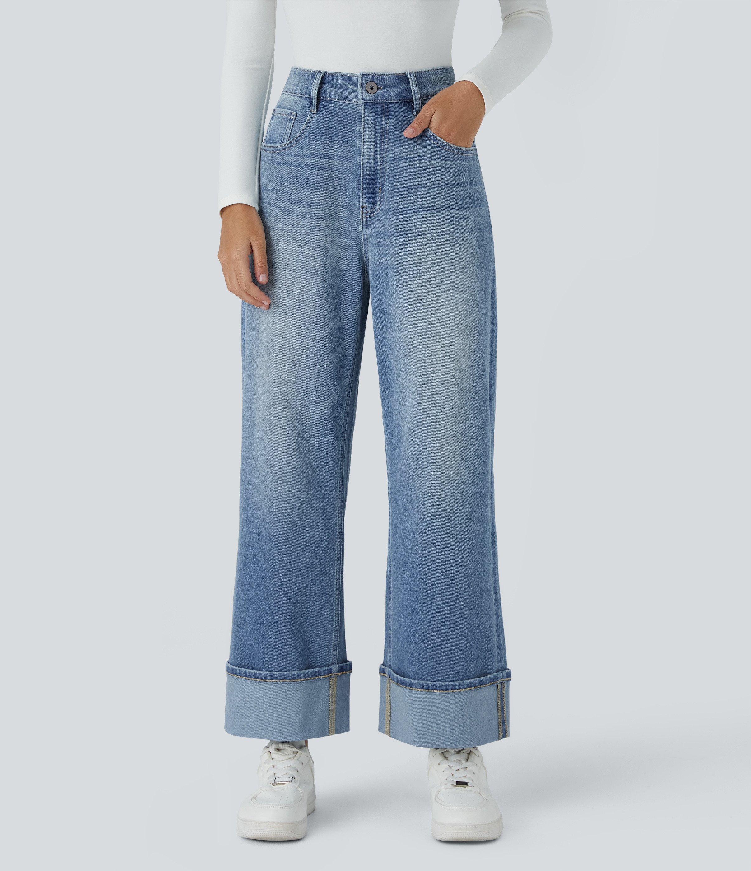 Halara Halara Flex™ High Waisted Multiple Pockets Rolled Hem Wide Leg Washed Stretchy Knit Casual Jeans - Sea Blue Denim - XS(regular) | HALARA