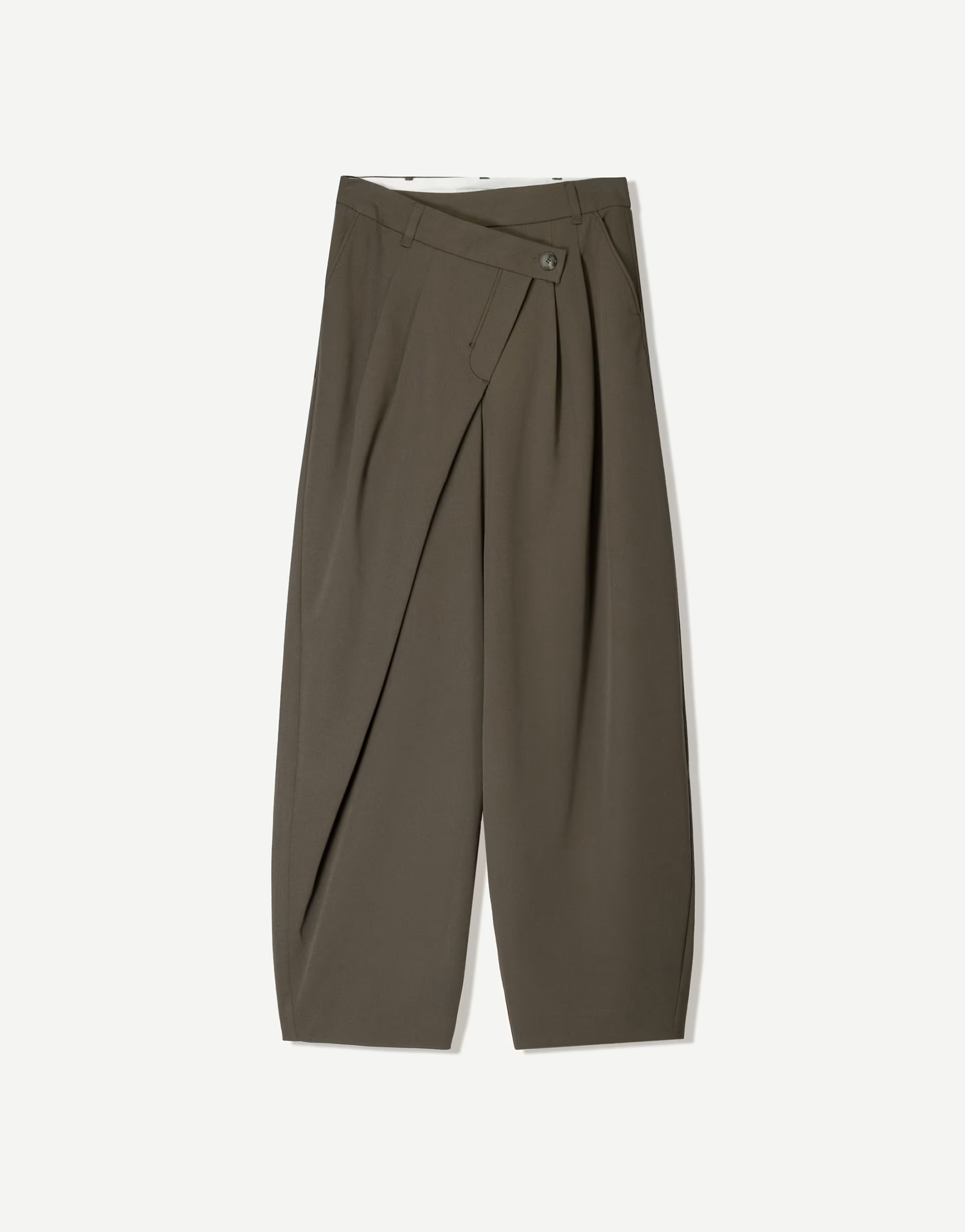 Bershka tailored fit trousers with crossover waist in beig | ASOS (Global)