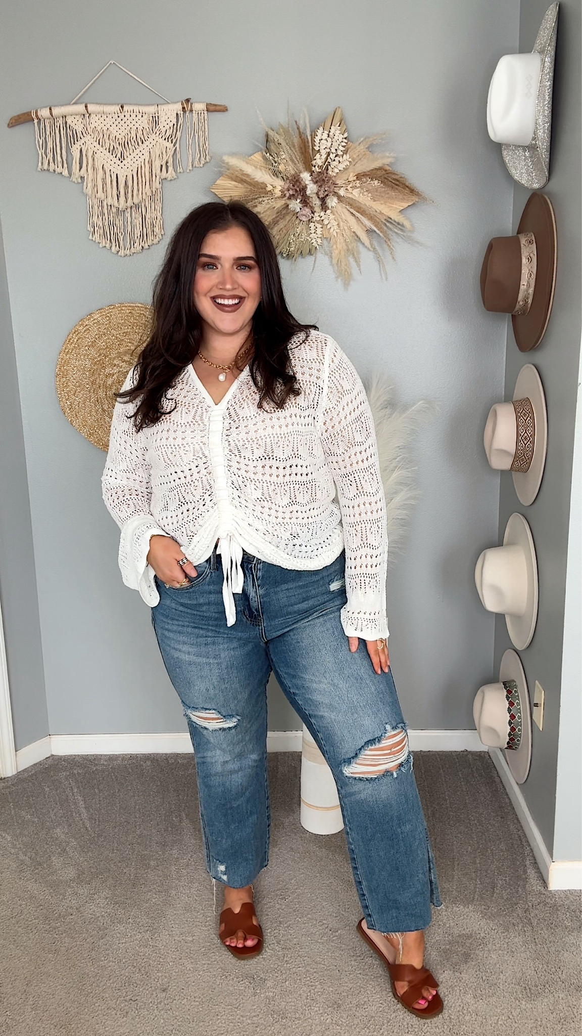 Curvy casual Spring transition outfit 🤍✨ Crochet long sleeve tops, curvy denim jeans + sandals
Top: XL 
Jeans: 14 plus 

#LTKmidsize #LTKSeasonal #LTKstyletip