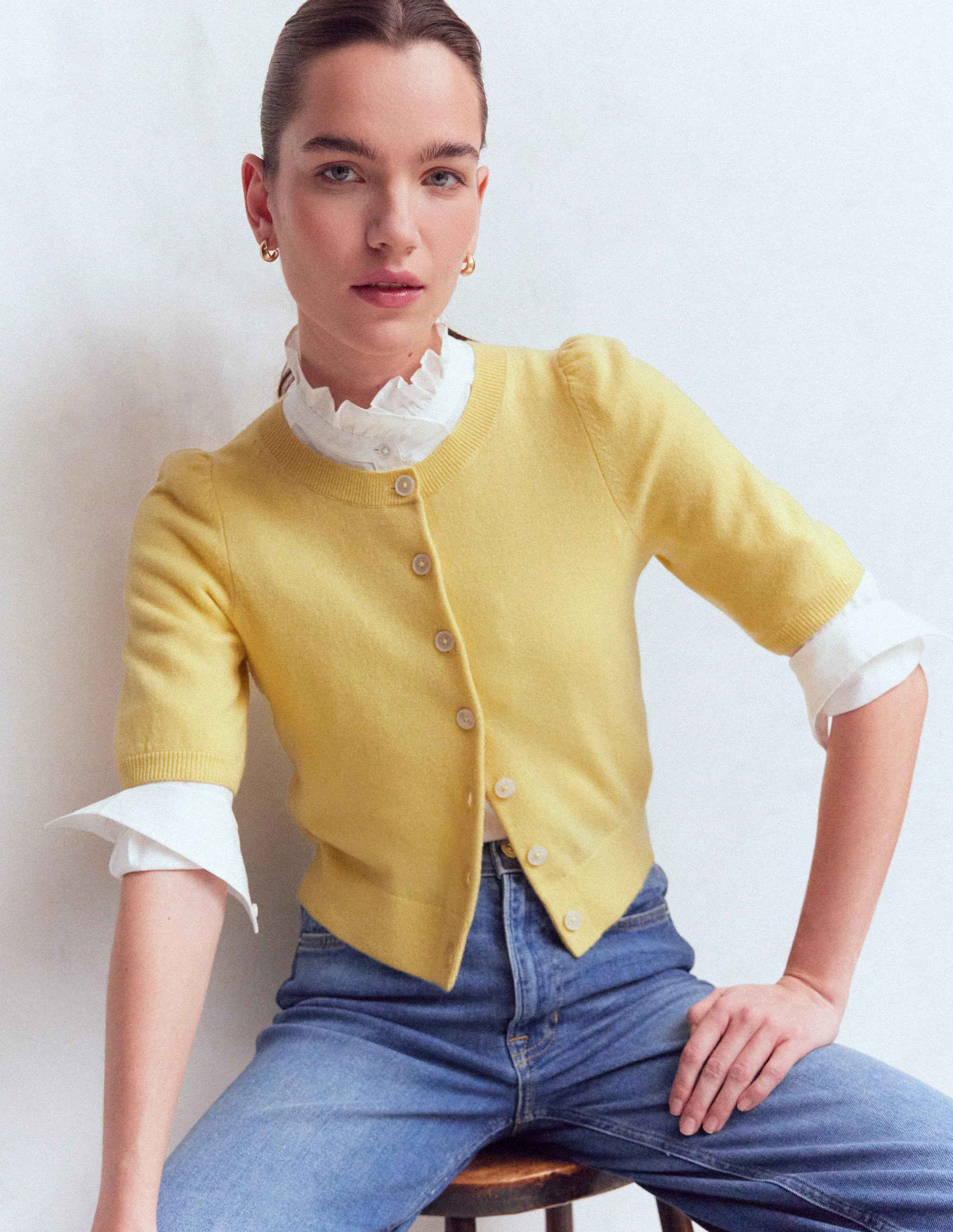 Cropped Cashmere Cardigan-Sandstone Yellow | Boden DE