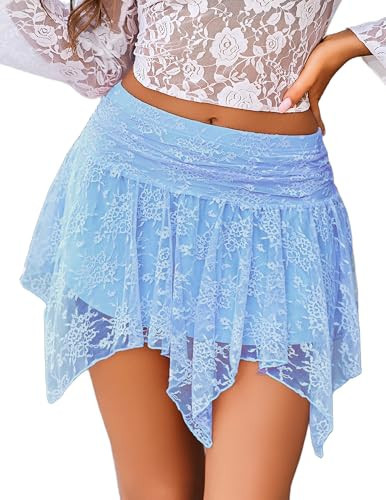 Avidlove Light Blue Mini Skirts for Women Flowy Lace Skirt Gothic Layered Asymmetrical Short Skirt(Light Blue, L) | Amazon (US)