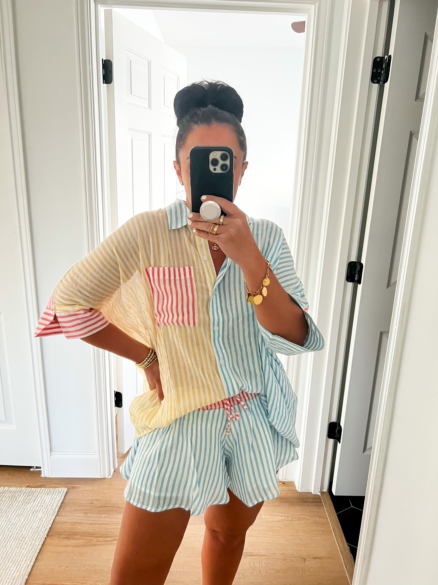 Red Dress Seaside Sweetheart Blue Multi Stripe Shirt wearing size Small. Mind At Breeze Blue Multi Stripe Swing Shorts wearing size small. 